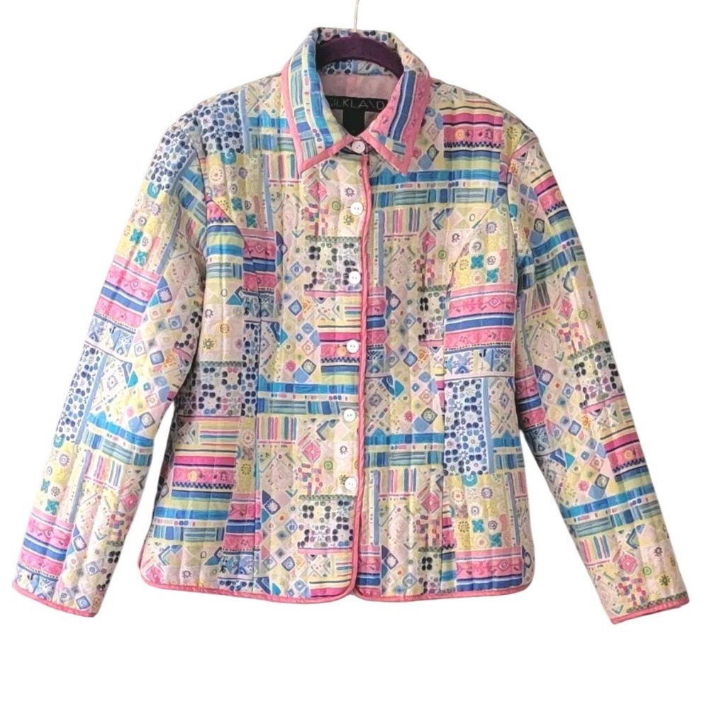 Vintage Womens Silkland Quilted 100% Silk Patchwork Jacket Art to Wear‎ Easter L